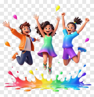 Colorful Cartoon Children Jumping With Paint Splash PNG