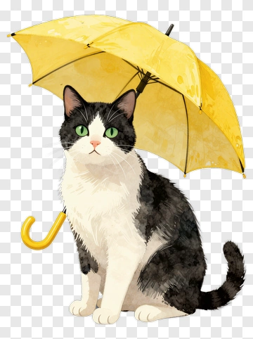Cat Sitting Under A Yellow Umbrella PNG