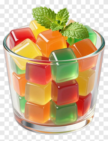 Colorful Jelly Cubes In A Glass With Mint PNG