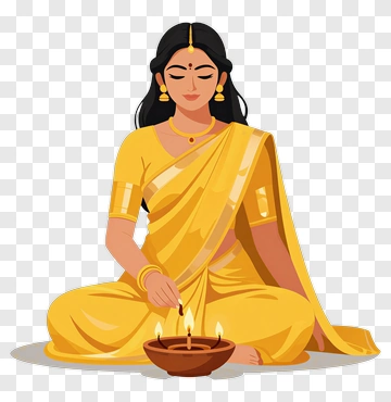 Woman In Yellow Saree Lighting A Diya PNG