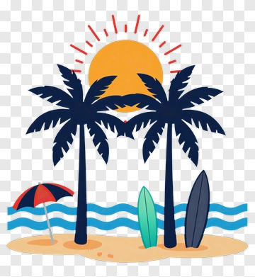 Tropical Beach Scene With Palm Trees And Surfboards PNG