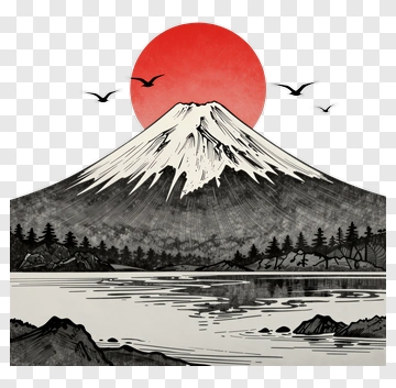 Mount Fuji With Red Sun And Flying Birds PNG