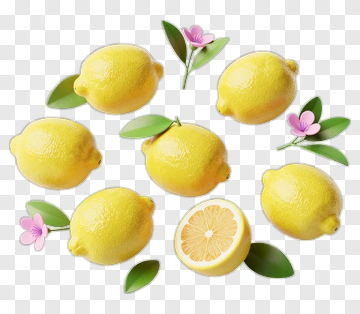 Fresh Lemons With Green Leaves And Pink Flowers PNG