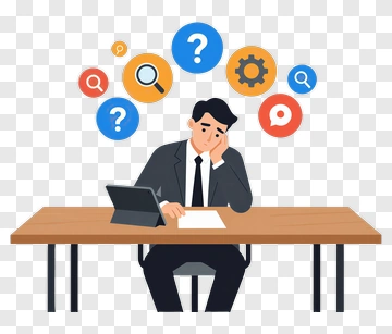 Businessman Thinking At Desk With Question Icons PNG