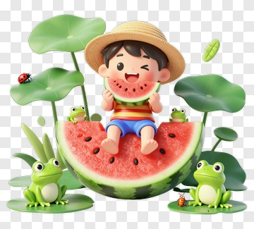 Happy Boy Sitting On A Watermelon With Frogs PNG