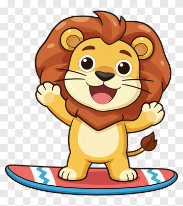 Cartoon Lion Surfing On A Board PNG