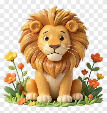 Cartoon Lion Sitting Among Colorful Flowers PNG