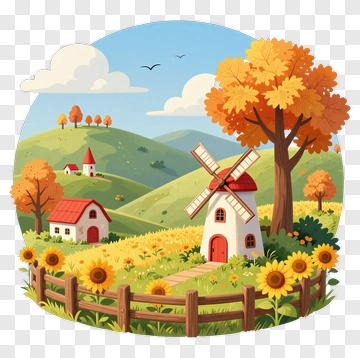 Colorful Autumn Landscape With Windmill And Houses PNG