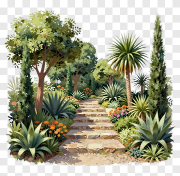 Garden Pathway Surrounded By Lush Vegetation PNG