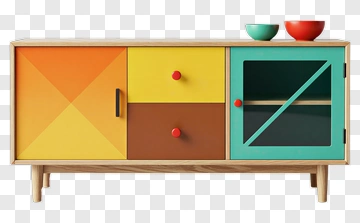Colorful Modern Sideboard With Bowls PNG