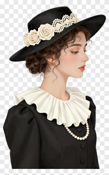 Elegant Woman In Black Hat With Flowers PNG