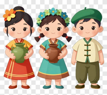 Cartoon Children Holding Traditional Pots PNG