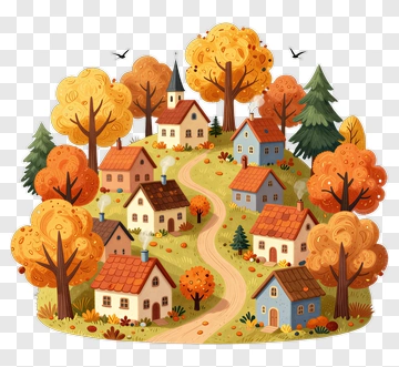 Autumn Village Landscape With Colorful Trees And Houses PNG