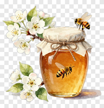 Honey Jar With Bees And Blossoms PNG