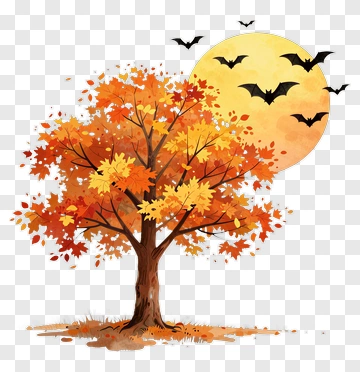 Autumn Tree With Bats And Full Moon PNG