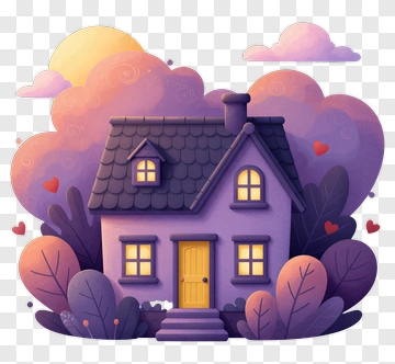 Cartoon House Surrounded By Colorful Plants PNG
