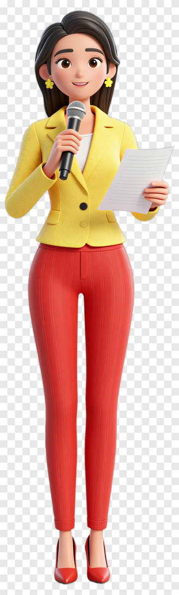 Cartoon Woman Holding A Microphone And Paper PNG
