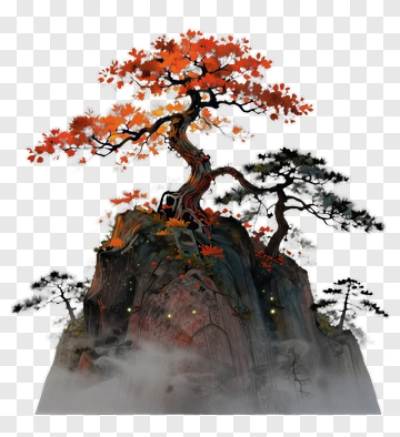 Colorful Tree On A Rocky Mountain PNG