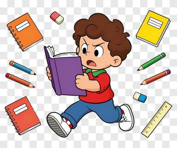 Cartoon Boy Running While Reading A Book PNG