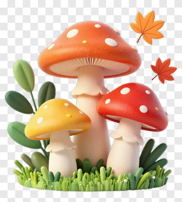 Colorful Mushroom Group In A Garden PNG