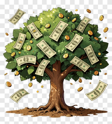 Money Tree With Falling Dollar Bills And Coins PNG