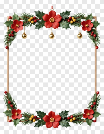 Christmas Floral Frame With Poinsettias And Holly PNG