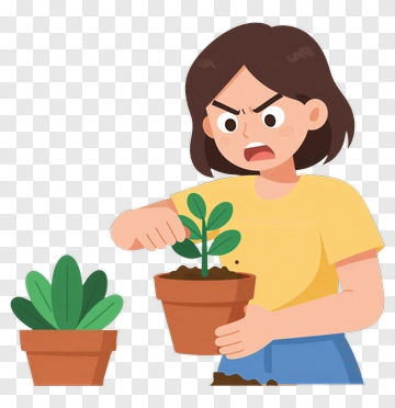 Angry Woman Holding A Potted Plant PNG