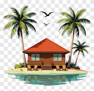 Tropical Beach House Surrounded By Palm Trees PNG