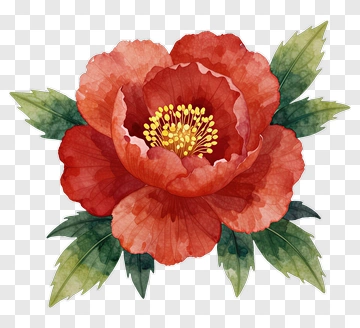 Red Flower With Green Leaves PNG