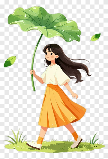 Girl Walking With A Large Leaf Umbrella PNG