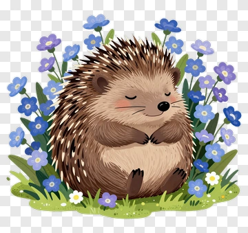 Cartoon Hedgehog Surrounded By Flowers PNG