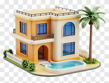 3D House With Swimming Pool And Palm Tree PNG
