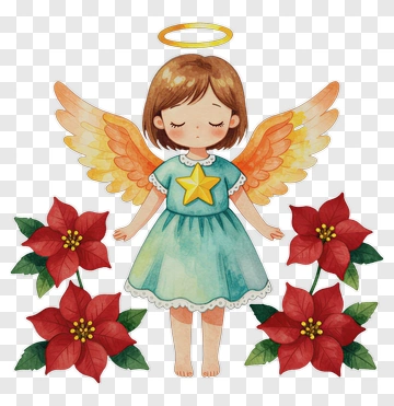 Cartoon Angel With Poinsettias PNG