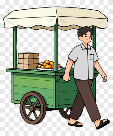 Vendor Pushing A Green Food Cart PNG