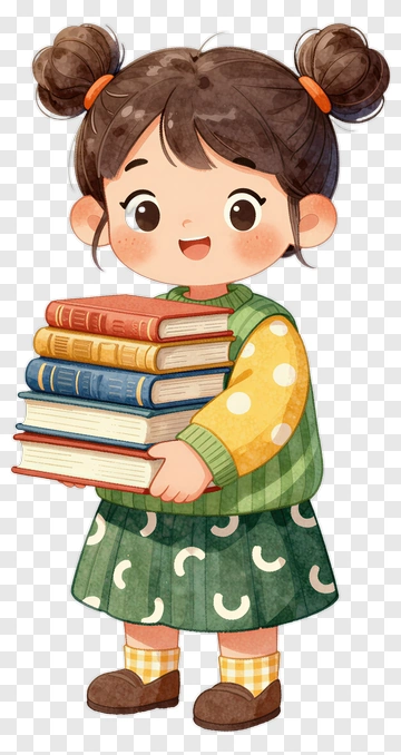 Cartoon Girl Holding A Stack Of Books PNG