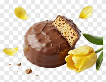 Chocolate Cake With Yellow Tulip And Petals PNG