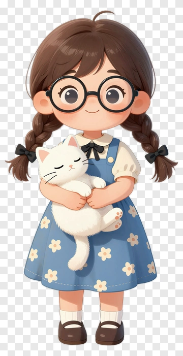 Cartoon Girl Holding A White Cat PNG