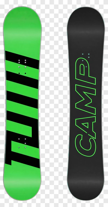 Green Snowboard With Black Stripes And Camp Branding PNG