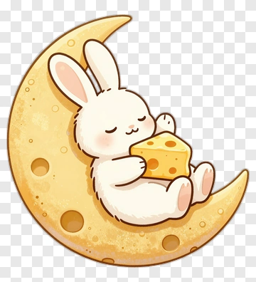Cartoon Bunny Sitting On A Cheese Moon PNG