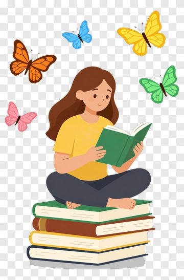 Girl Reading A Book On A Stack Of Books With Butterflies PNG