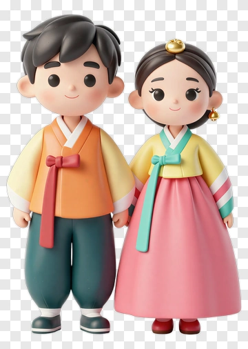 Cartoon Couple In Traditional Korean Hanbok PNG