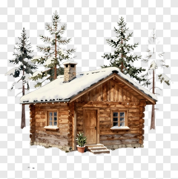 Wooden Cabin Surrounded By Snowy Trees PNG