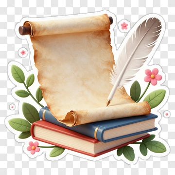 Quill Pen On Scroll Above Stacked Books PNG