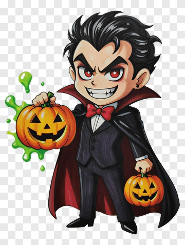 Cartoon Vampire Holding Halloween Pumpkin Buckets PNG