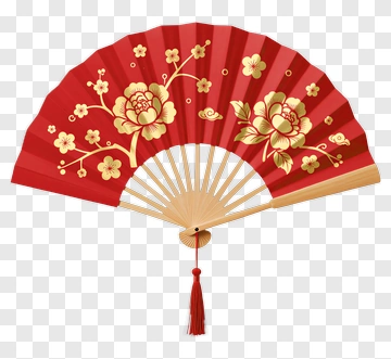 Red Decorative Fan With Floral Design PNG