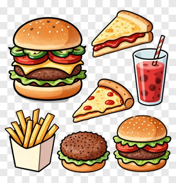 Fast Food Meal Composition With Burgers And Pizza PNG