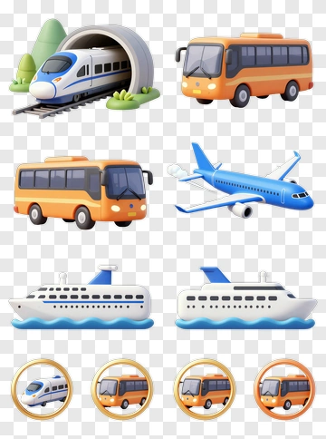 Colorful Transportation Icons Featuring Train, Bus, Plane, And Boat PNG