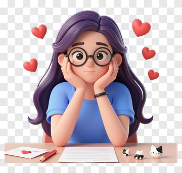 Cartoon Girl With Hearts And Writing Materials PNG