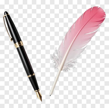 Black Fountain Pen And Pink Feather Quill PNG