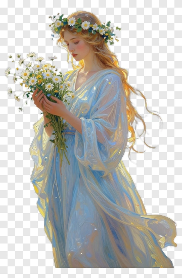 Woman Holding A Bouquet Of Daisies PNG